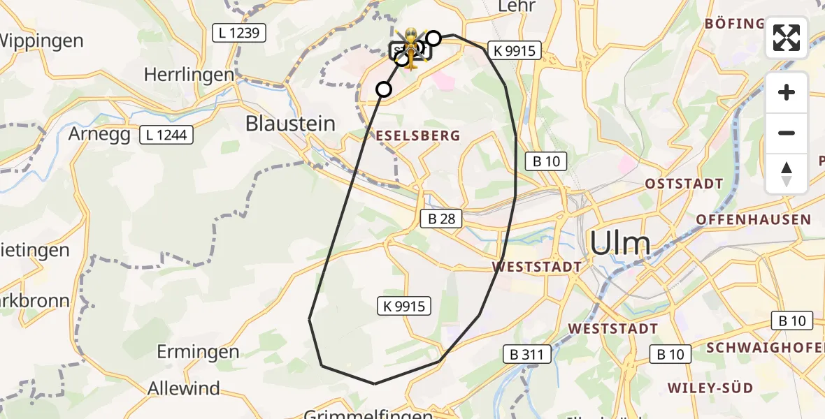 Flugroute Rettungshubschrauber Ulm Military Hospital Emergency - ADAC Air Rescue Station Ulm (Christoph 22), 16 September 2026, 07:22