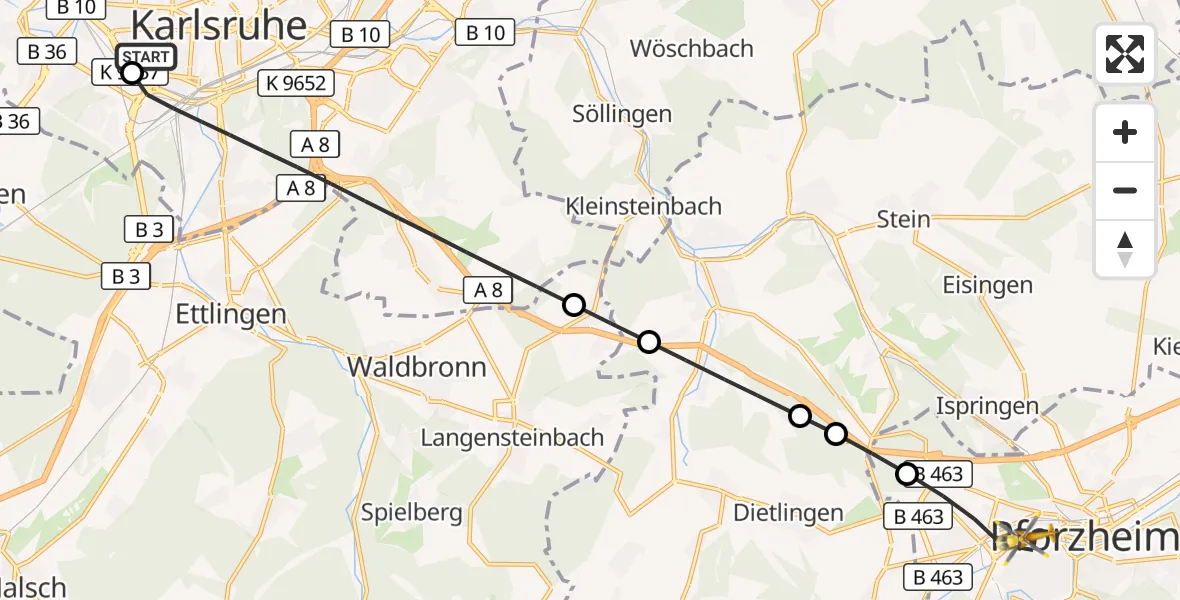Flugroute Ambulanzhubschrauber Sankt Vincentius Hospital - Pforzheim, 16 September 2026, 07:24