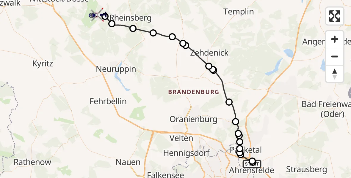 Flugroute Polizeihubschrauber Ahrensfelde Hubschrauberlandeplatz - Rheinsberg, 16 September 2026, 07:26