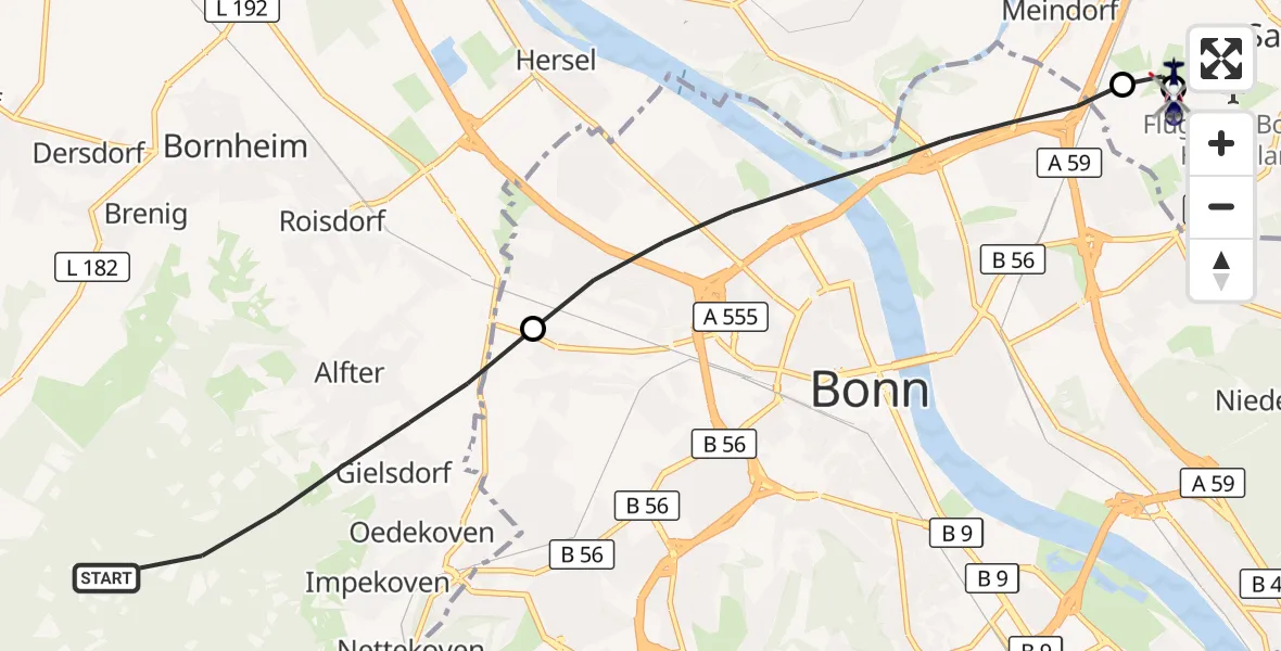 Flugroute Polizeihubschrauber Alfter - Bonn-Hangelar Flugplatz, 16 September 2026, 07:29