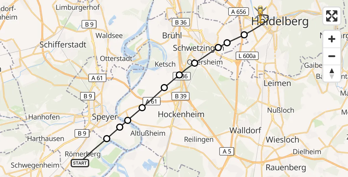 Flugroute Rettungshubschrauber Römerberg - Heidelberg, 16 September 2026, 07:29