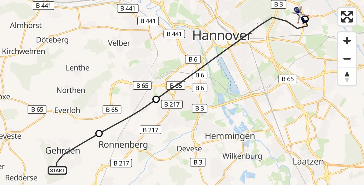 Flugroute Polizeihubschrauber Gehrden - Hannover Luftrettung Hubschrauberlandeplatz (Christoph 4), 16 September 2026, 07:33