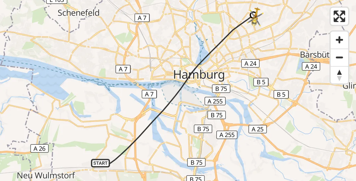 Flugroute Rettungshubschrauber Hamburg - Hamburg Military Hospital, 16 September 2026, 07:35