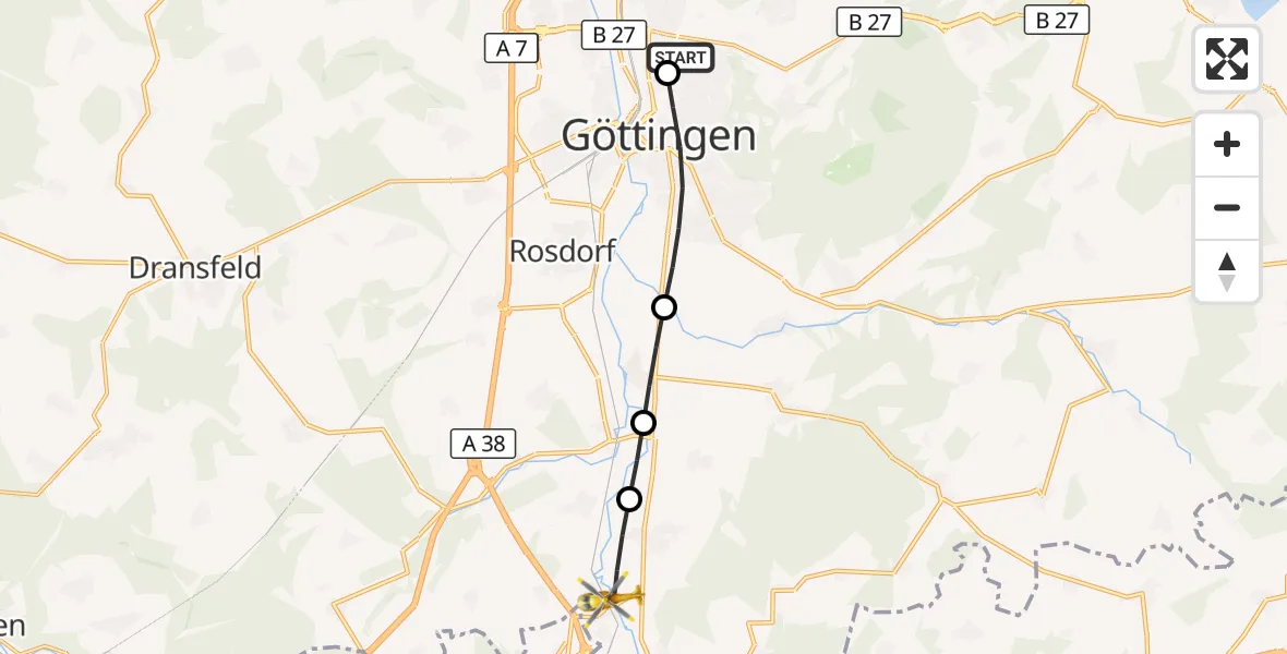 Flugroute Rettungshubschrauber Göttingen University Clinic Hubschrauberlandeplatz - Friedland, 16 September 2026, 07:46