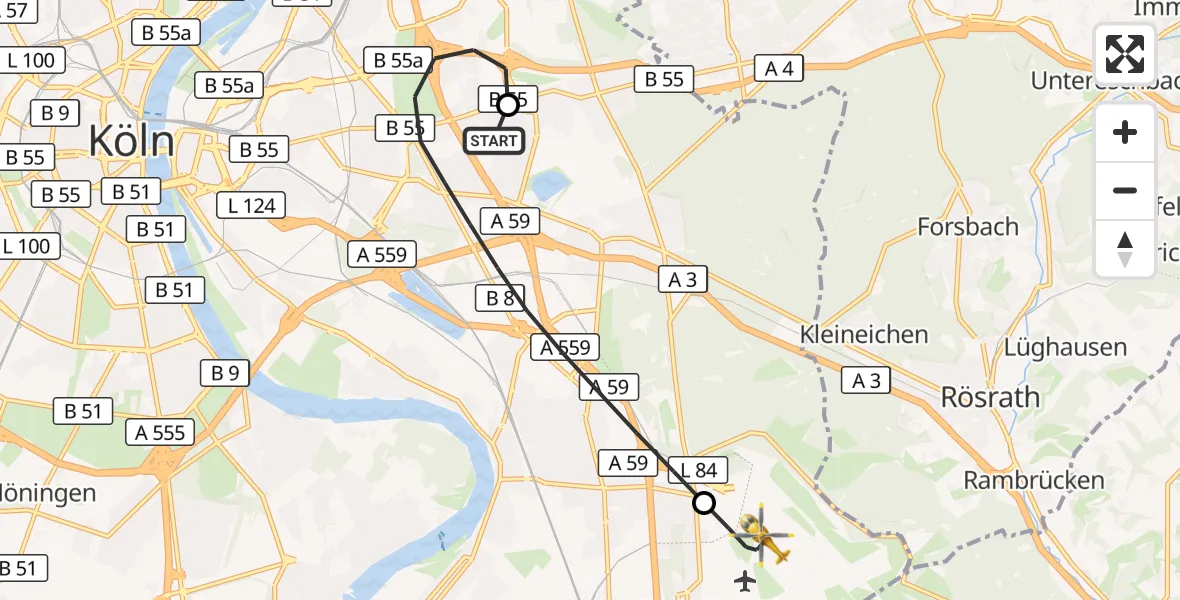 Flugroute Rettungshubschrauber Merheim Hospital - Köln Bonn Flughafen, 16 September 2026, 07:47