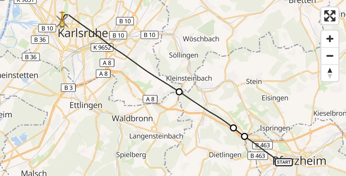 Flugroute Ambulanzhubschrauber Pforzheim - Karlsruhe, 16 September 2026, 07:51
