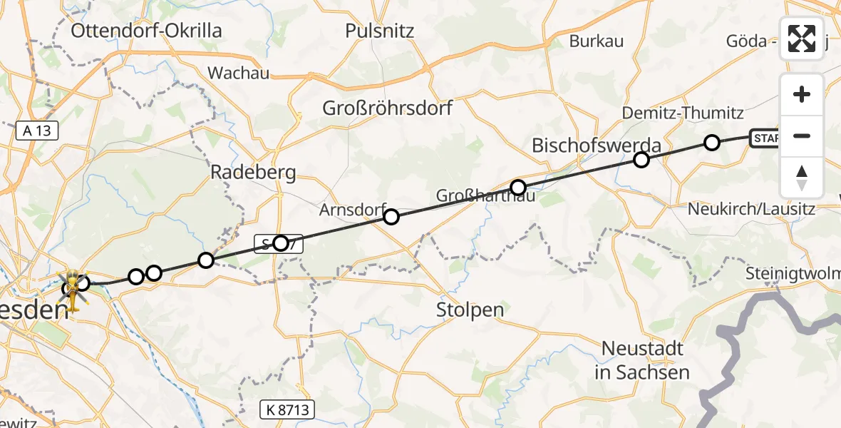 Flugroute Rettungshubschrauber Doberschau-Gaußig - Dresden University Hospital, 16 September 2026, 07:54