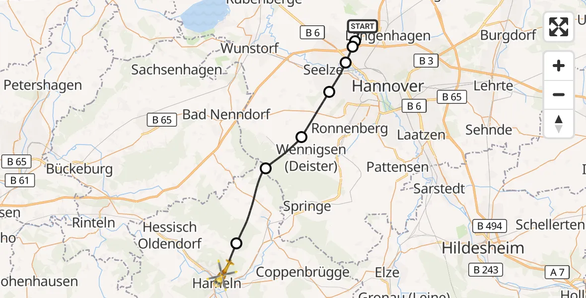 Flugroute Rettungshubschrauber Flughafen Hannover - Hameln, 16 September 2026, 07:55