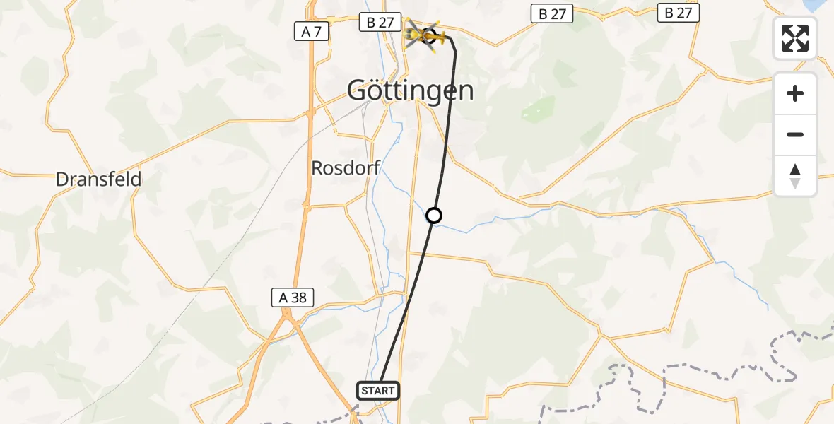 Flugroute Rettungshubschrauber Friedland - Göttingen University Clinic Hubschrauberlandeplatz, 16 September 2026, 08:10