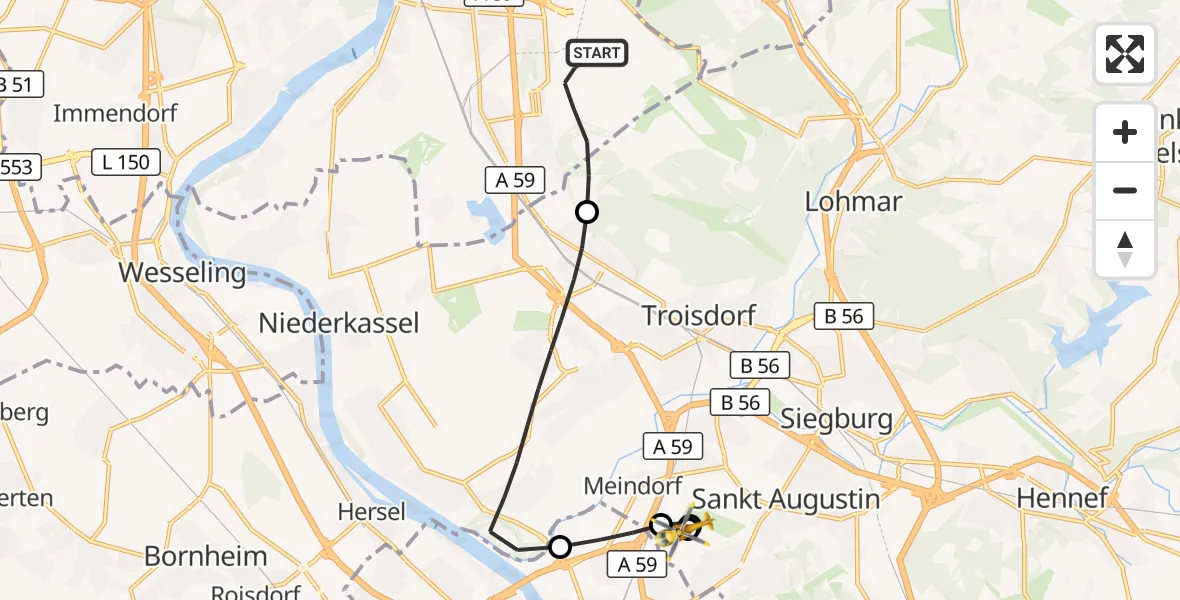 Flugroute Rettungshubschrauber Köln Bonn Flughafen - Sankt Augustin, 16 September 2026, 08:11