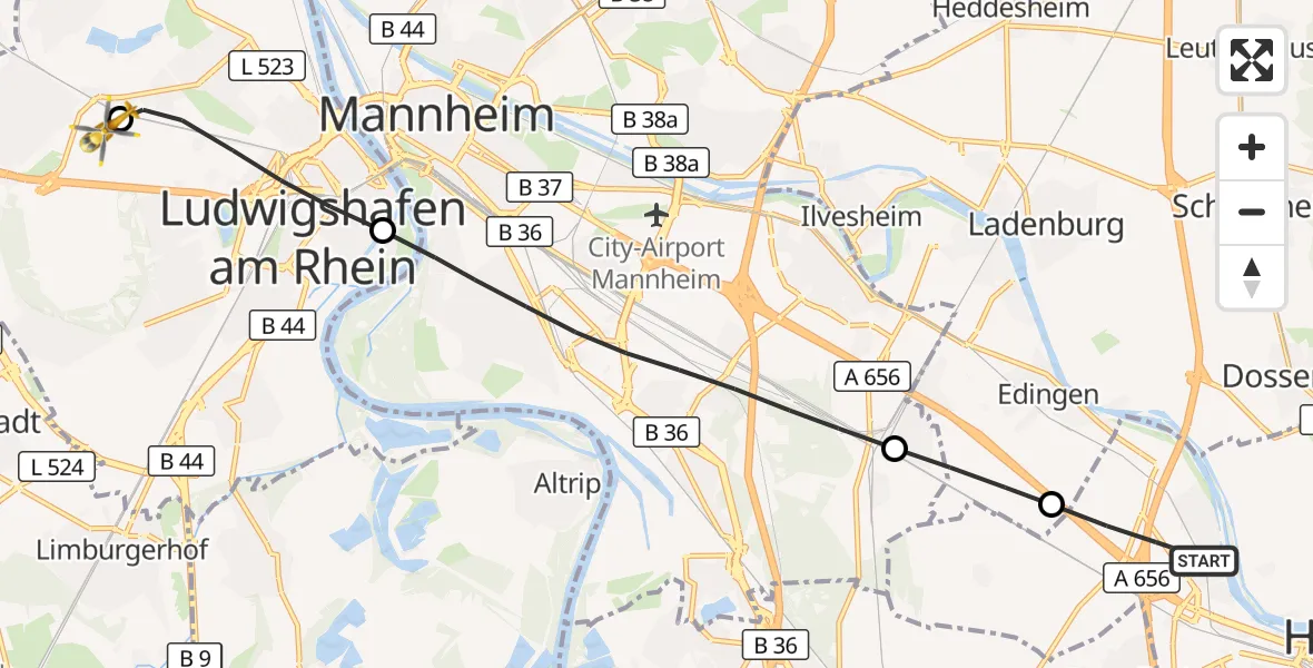 Flugroute Rettungshubschrauber Heidelberg - Ludwigshafen Accident Hospital, 16 September 2026, 08:15