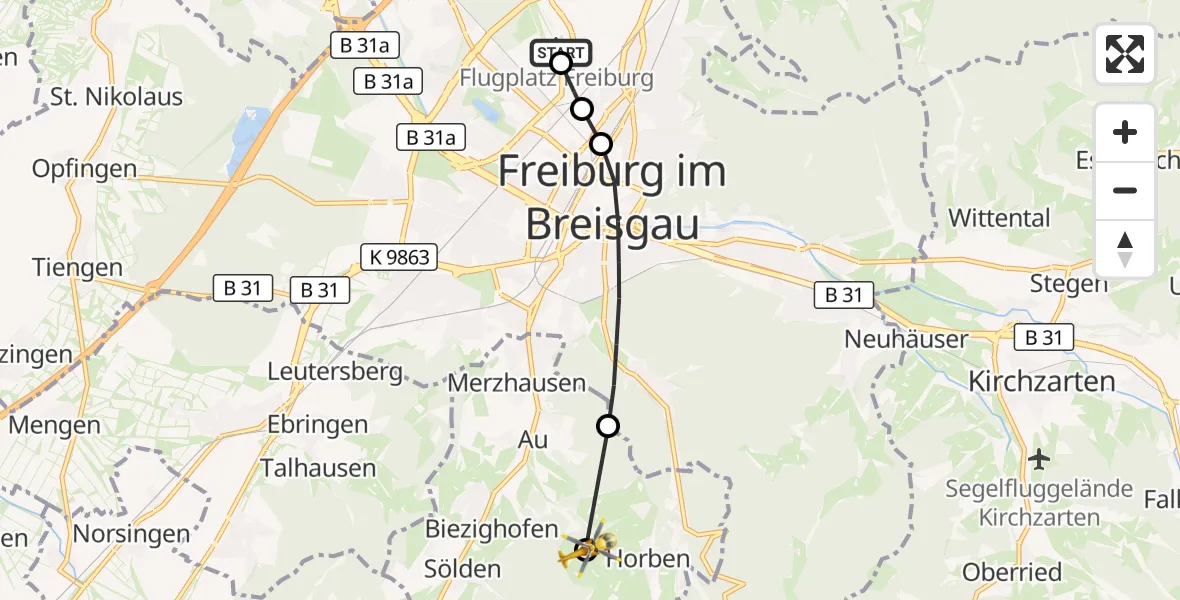 Flugroute Ambulanzhubschrauber Freiburg im Breisgau Flugplatz - Horben, 16 September 2026, 08:17