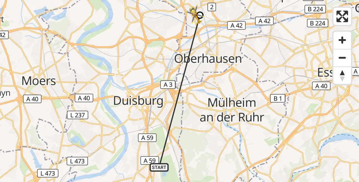 Flugroute Rettungshubschrauber Duisburg Air Rescue Hubschrauberlandeplatz (Christoph 9) - Oberhausen, 16 September 2026, 08:22