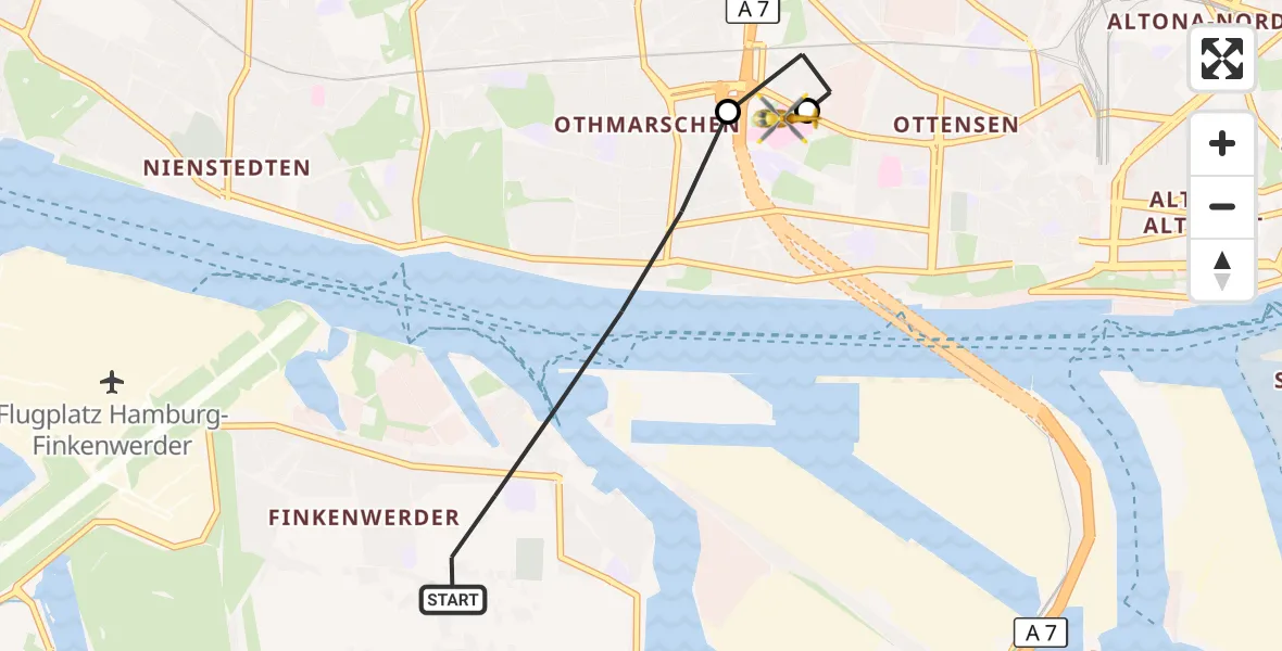 Flugroute Rettungshubschrauber Hamburg - Asklepios Hospital Altona, 16 September 2026, 08:31