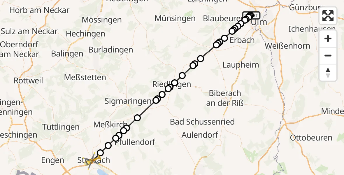Flugroute Rettungshubschrauber Ulm Military Hospital Emergency - Stockach, 16 September 2026, 08:43