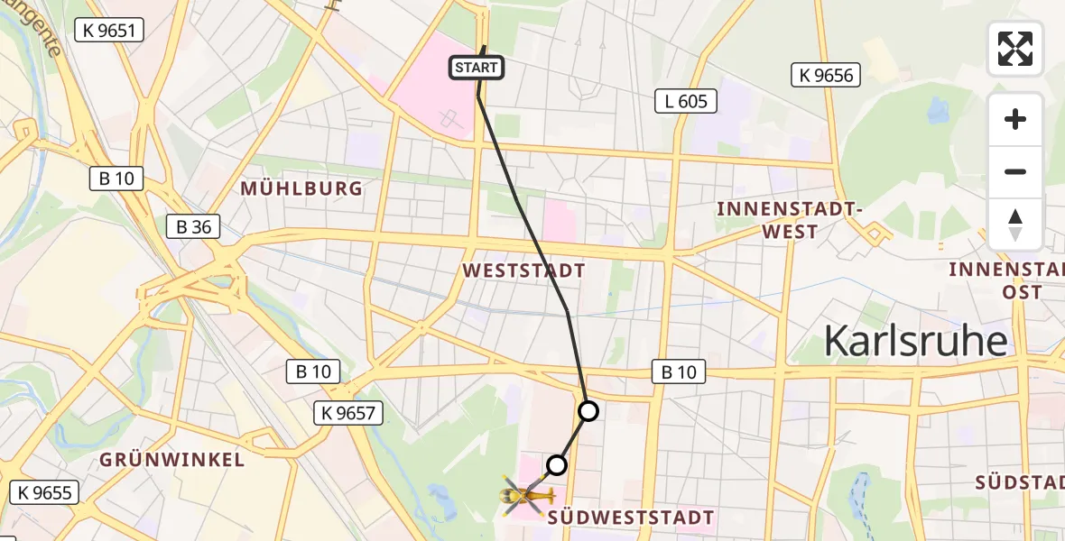 Flugroute Ambulanzhubschrauber Karlsruhe - Sankt Vincentius Hospital, 16 September 2026, 08:44