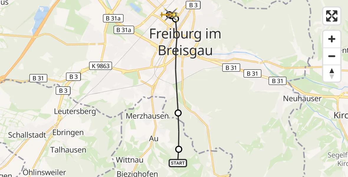 Flugroute Ambulanzhubschrauber Horben - Freiburg University Hospital Heliport 1, 16 September 2026, 08:48