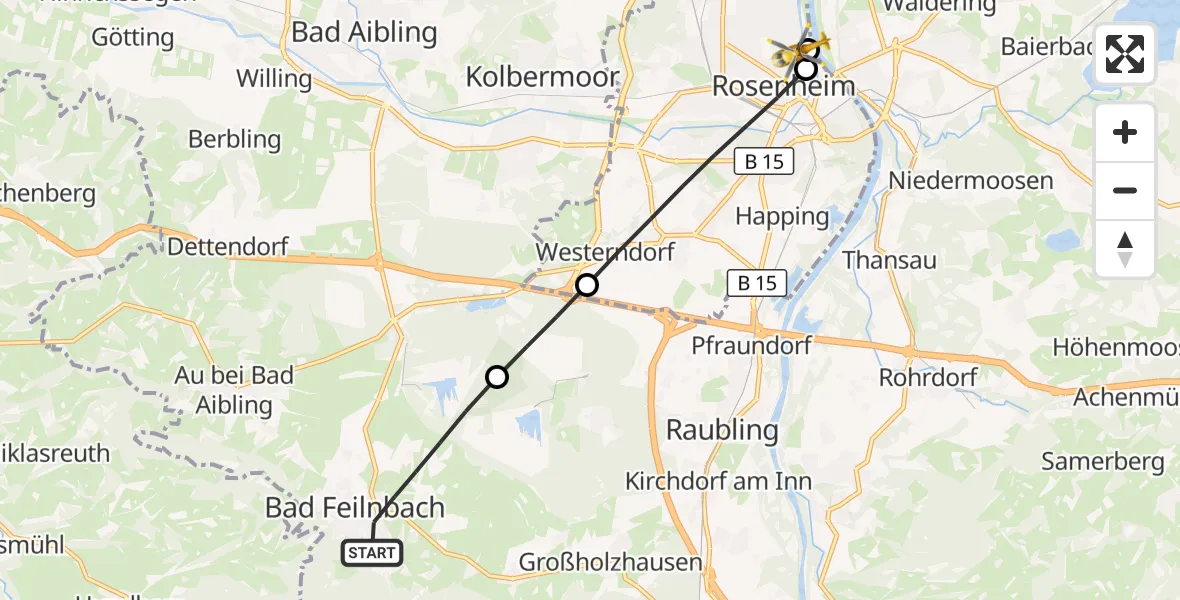 Flugroute Rettungshubschrauber Bad Feilnbach - RoMed Hospital Rosenheim, 16 September 2026, 08:48