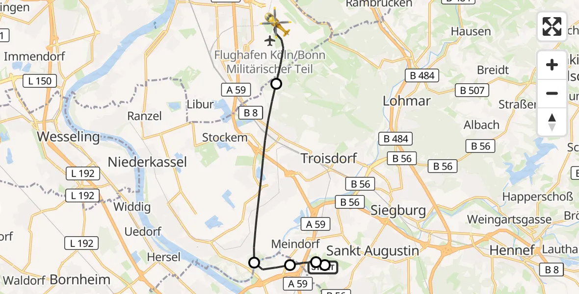 Flugroute Rettungshubschrauber Sankt Augustin - Köln Bonn Flughafen, 16 September 2026, 08:53