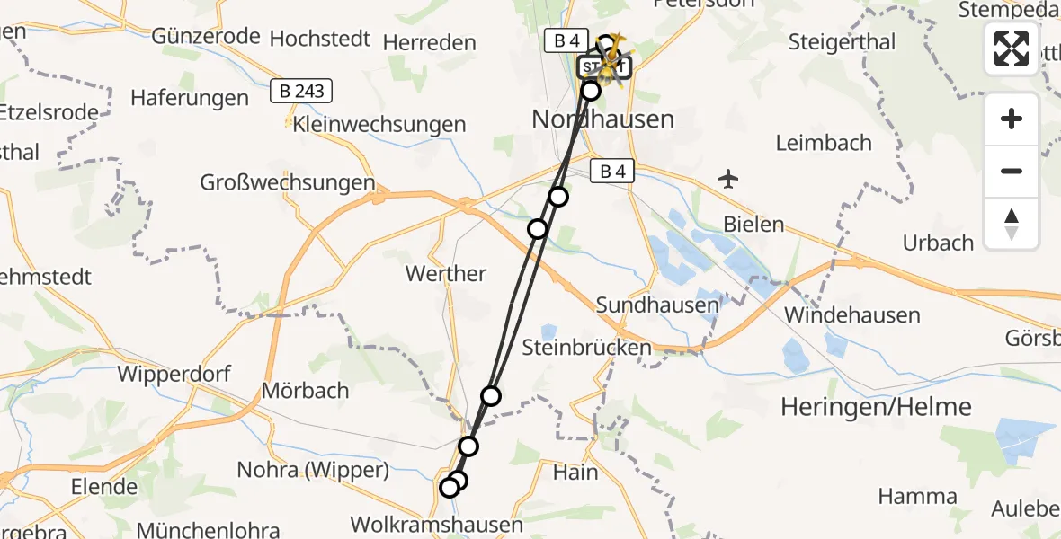 Flugroute Rettungshubschrauber Südharz Hospital Nordhausen - Südharz Hospital Nordhausen, 16 September 2026, 09:02