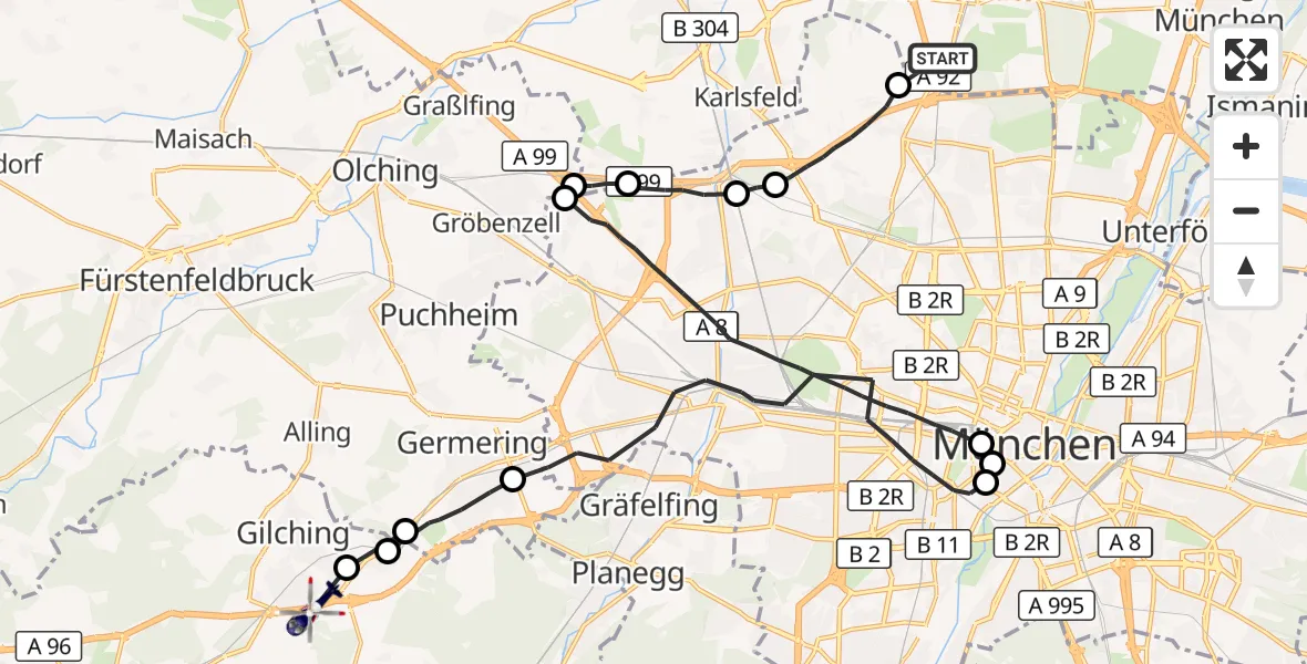 Flugroute Polizeihubschrauber Oberschleißheim - Gilching, 16 September 2026, 09:02