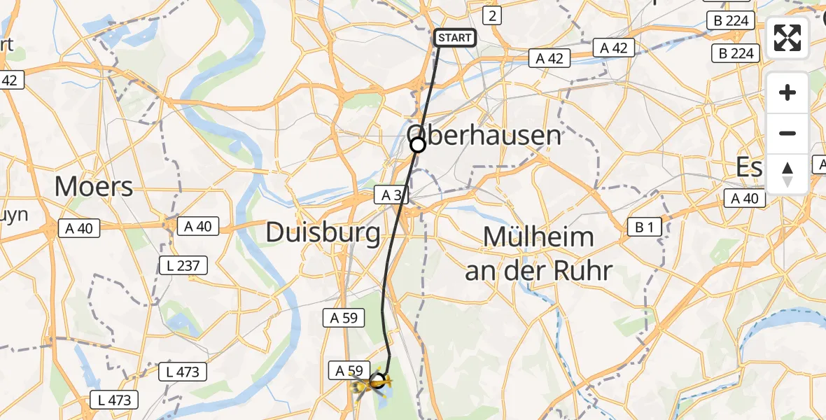 Flugroute Rettungshubschrauber Oberhausen - Duisburg Air Rescue Hubschrauberlandeplatz (Christoph 9), 16 September 2026, 09:12