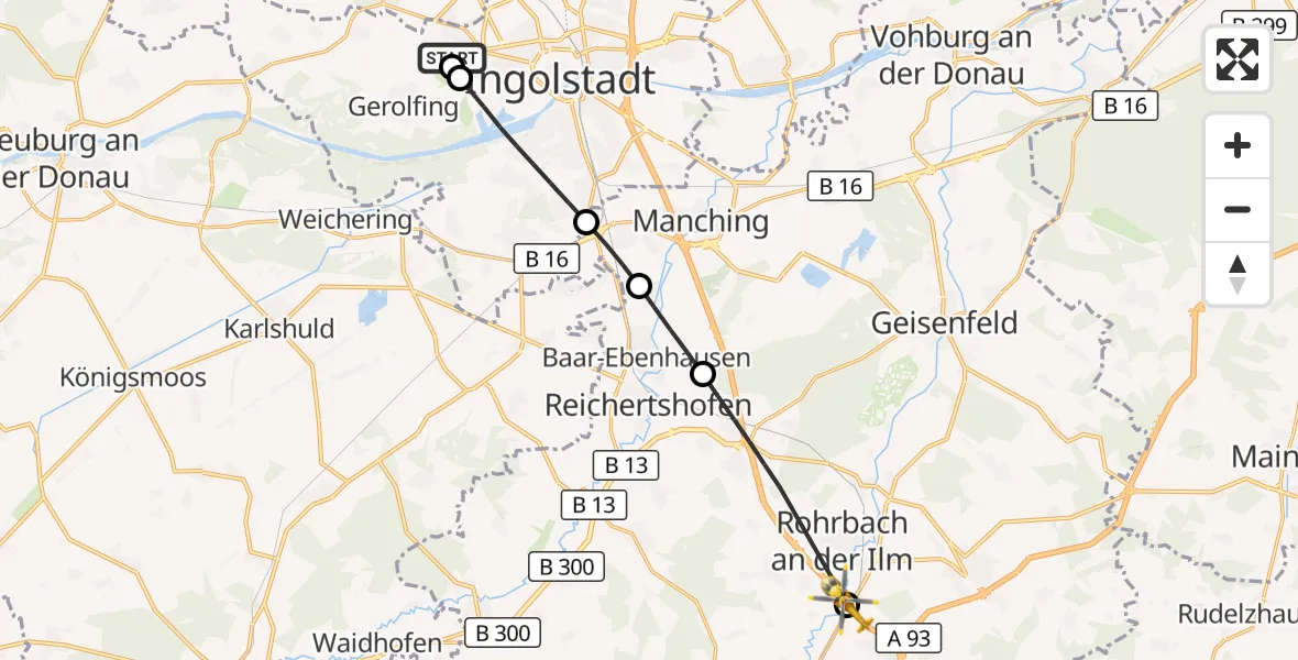 Flugroute Rettungshubschrauber Ingolstadt Hospital - Wolnzach, 16 September 2026, 09:22