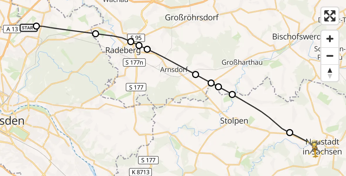 Flugroute Rettungshubschrauber Dresden Bundespolizei Hubschrauberlandeplatz - Neustadt in Sachsen, 16 September 2026, 09:51