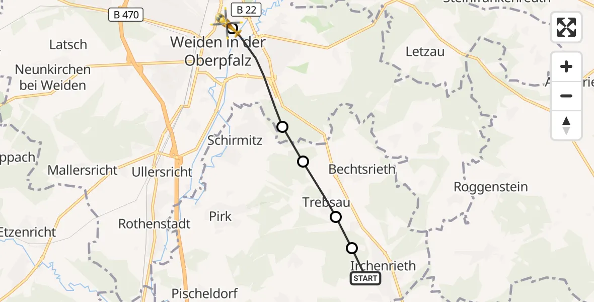 Flugroute Ambulanzhubschrauber Irchenrieth - Weiden Hospital, 16 September 2026, 09:52