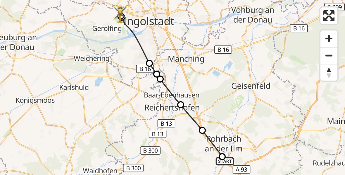 Flugroute Rettungshubschrauber Wolnzach - Ingolstadt Hospital, 16 September 2026, 09:57