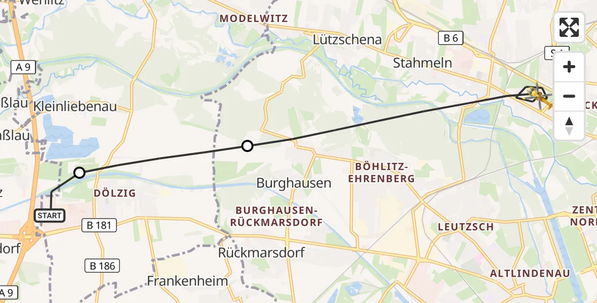 Flugroute Rettungshubschrauber ADAC Air Rescue Station Leipzig/Schkeuditz-Dölzig Hubschrauberlandeplatz (Christoph 61) - Leipzig, 16 September 2026, 09:58