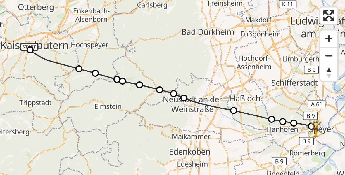 Flugroute Rettungshubschrauber Westpfalz Hospital Kaiserslautern - Speyer, 16 September 2026, 10:07