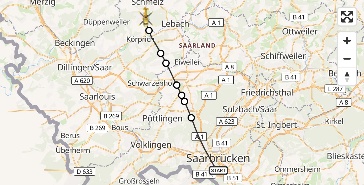 Flugroute Rettungshubschrauber Saarbrücken - Schmelz, 16 September 2026, 10:39