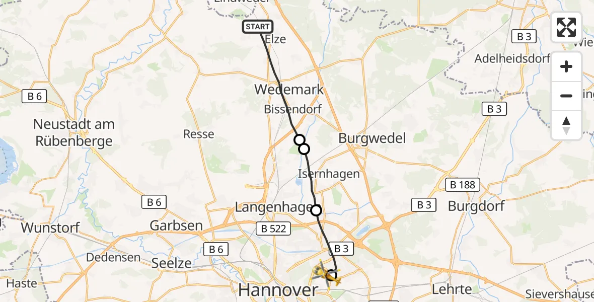 Flugroute Rettungshubschrauber Wedemark - Hannover Luftrettung Hubschrauberlandeplatz (Christoph 4), 16 September 2026, 10:41