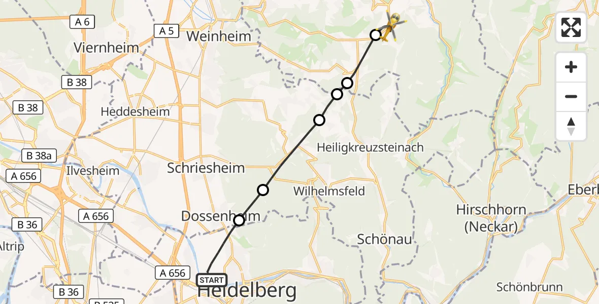 Flugroute Rettungshubschrauber Heidelberg - Wald-Michelbach, 16 September 2026, 10:46