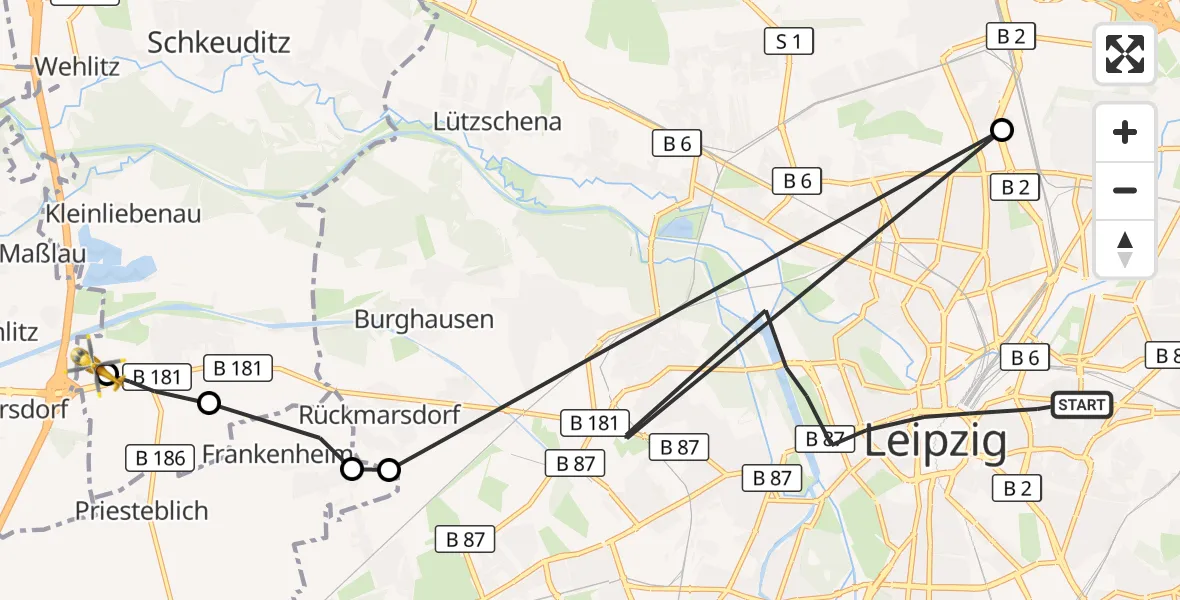 Flugroute Rettungshubschrauber Leipzig - ADAC Air Rescue Station Leipzig/Schkeuditz-Dölzig Hubschrauberlandeplatz (Christoph 61), 16 September 2026, 10:48