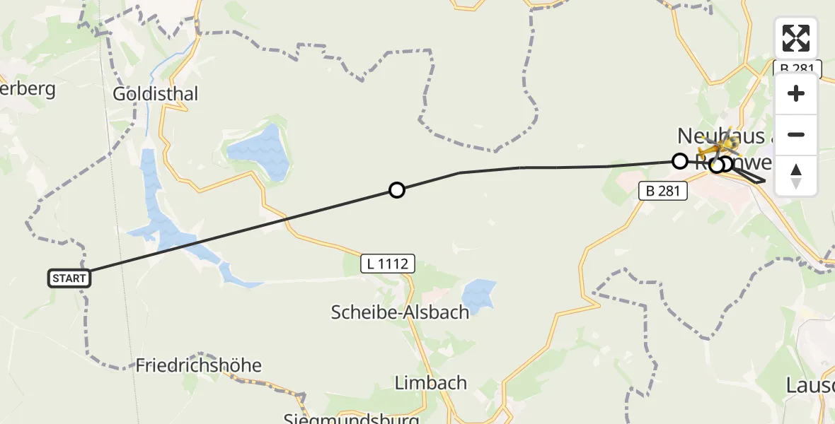 Flugroute Rettungshubschrauber Masserberg - Regiomed Hospital Neuhaus am Rennweg Hubschrauberlandeplatz, 16 September 2026, 10:55