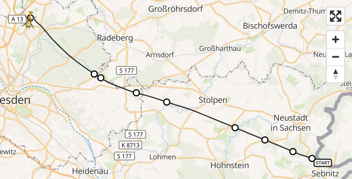 Flugroute Rettungshubschrauber Saxon Switzerland Clinic Sebnitz Hubschrauberlandeplatz - Dresden Bundespolizei Hubschrauberlandeplatz, 16 September 2026, 11:07