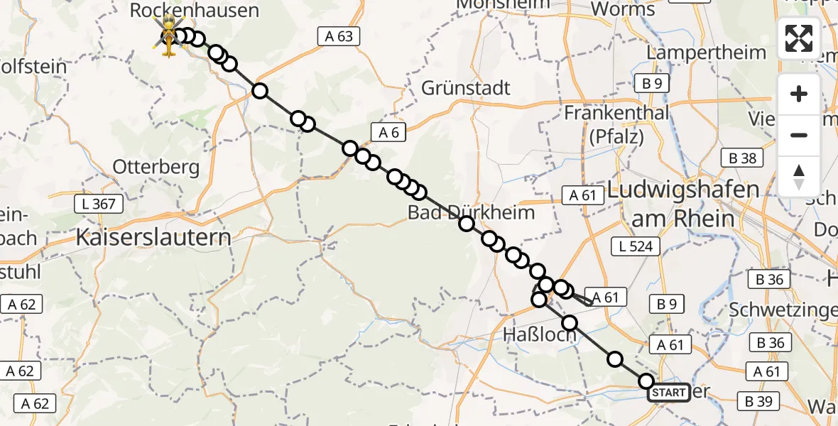 Flugroute Rettungshubschrauber Speyer - Rockenhausen, 16 September 2026, 11:10