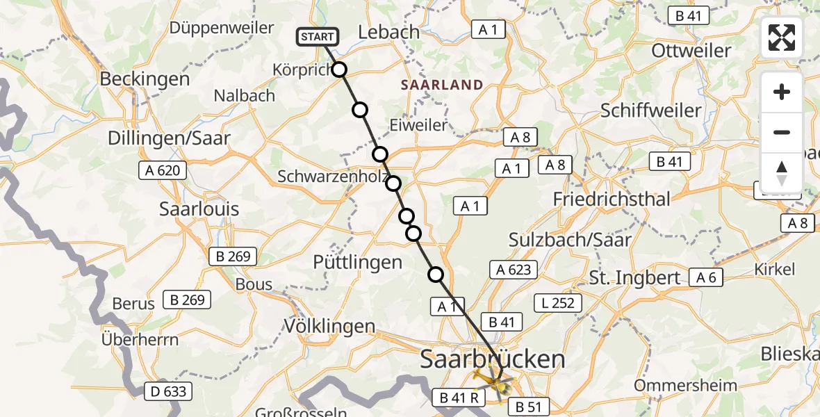 Flugroute Rettungshubschrauber Schmelz - Saarbrücken, 16 September 2026, 11:13
