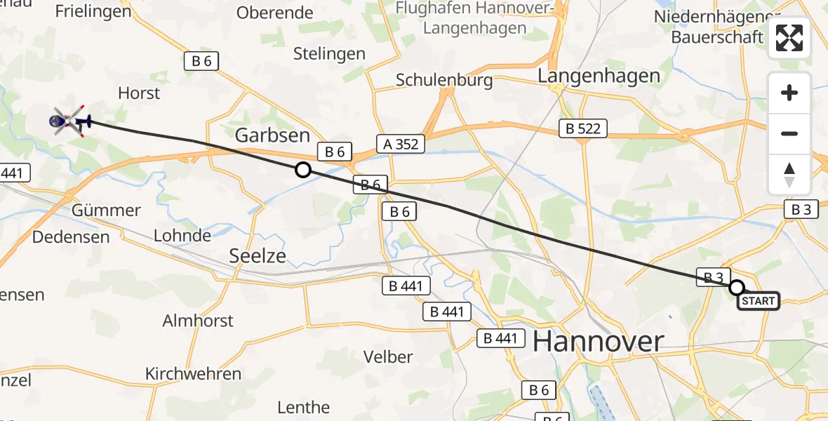 Flugroute Polizeihubschrauber Hannover Luftrettung Hubschrauberlandeplatz (Christoph 4) - Garbsen, 16 September 2026, 11:18