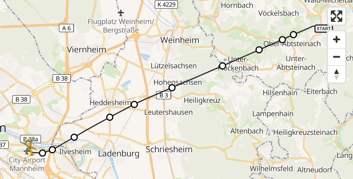 Flugroute Rettungshubschrauber Wald-Michelbach - Mannheim-City Flughafen, 16 September 2026, 11:20