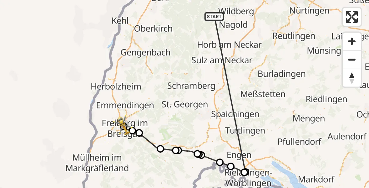 Flugroute Ambulanzhubschrauber Altensteig - Freiburg University Hospital Heliport 1, 16 September 2026, 11:20