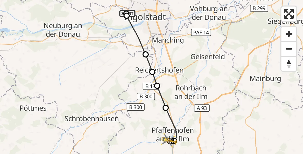 Flugroute Rettungshubschrauber Ingolstadt Hospital - Ilmtal Hospital Pfaffenhofen, 16 September 2026, 11:33
