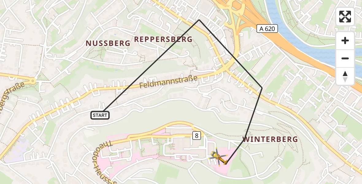 Flugroute Rettungshubschrauber Saarbrücken - Saarbrücken, 16 September 2026, 11:39