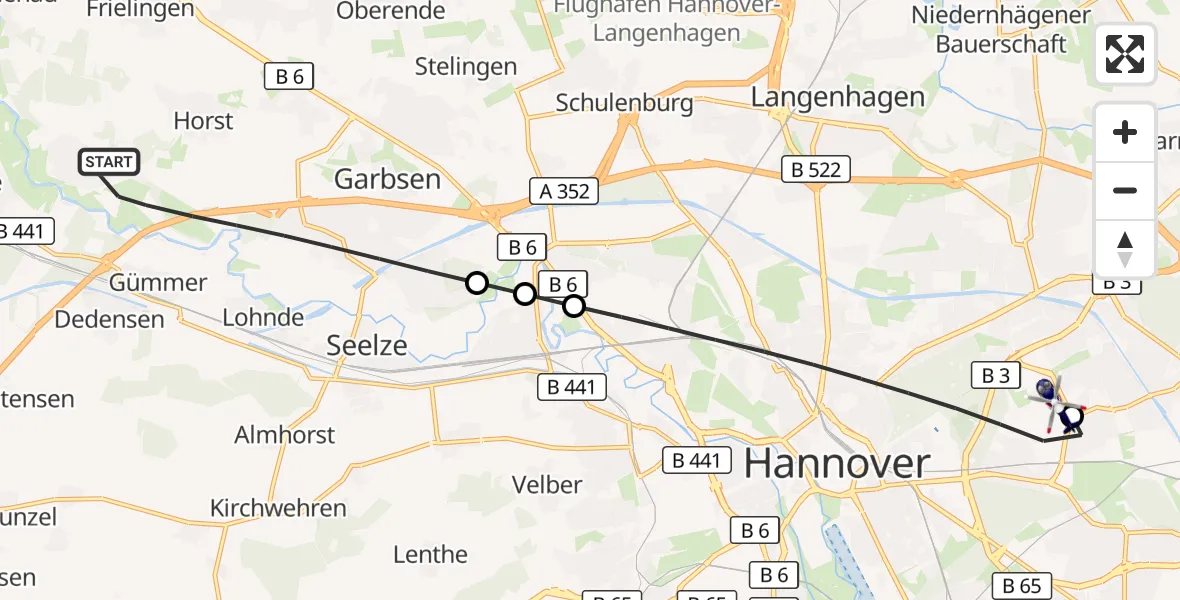 Flugroute Polizeihubschrauber Garbsen - Hannover Luftrettung Hubschrauberlandeplatz (Christoph 4), 16 September 2026, 11:54