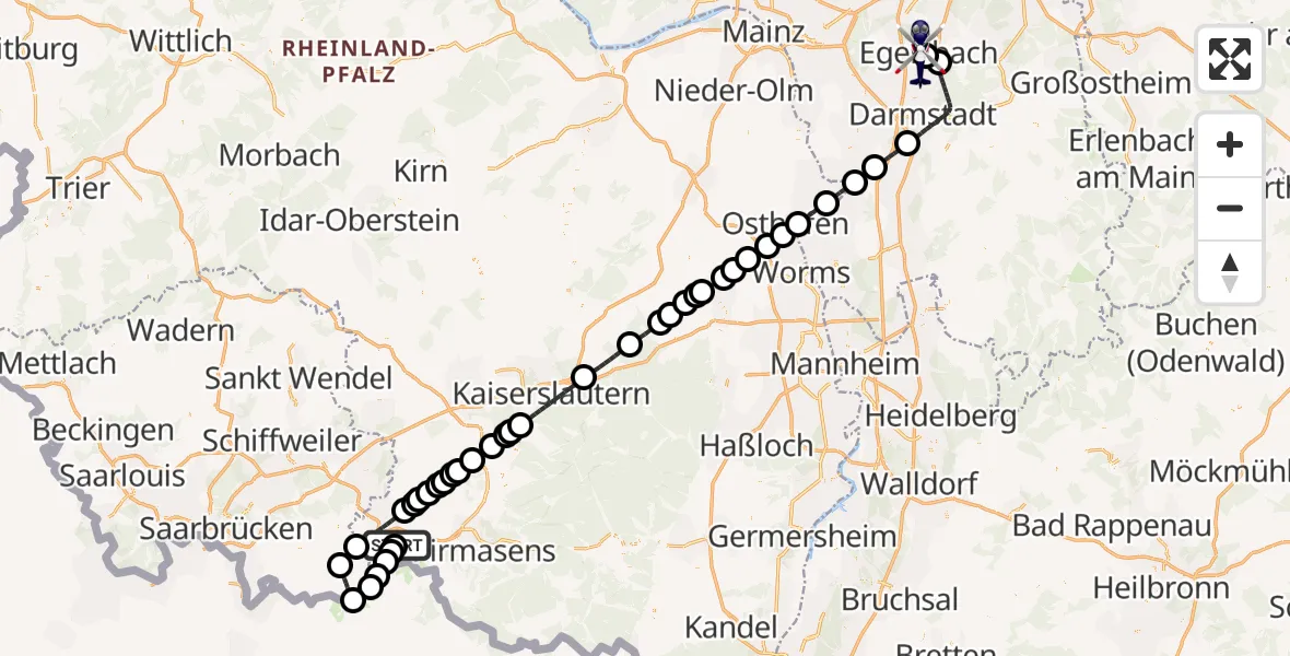 Flugroute Polizeihubschrauber Zweibrücken Flughafen - Flughafen Frankfurt-Egelsbach, 16 September 2026, 12:02