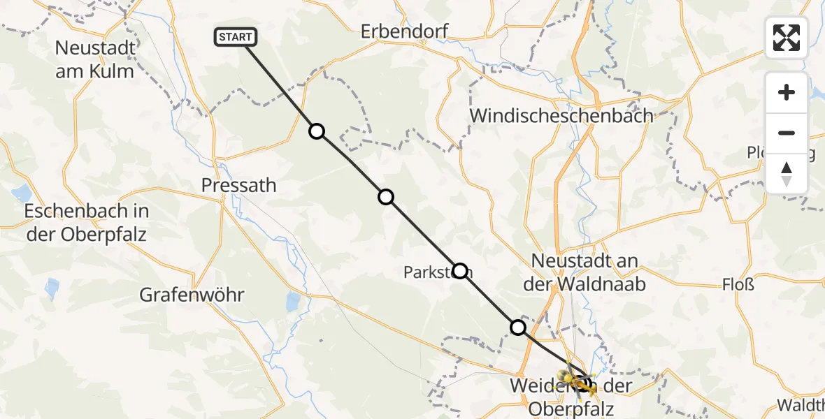 Flugroute Ambulanzhubschrauber Kemnath - Weiden Hospital, 16 September 2026, 12:08