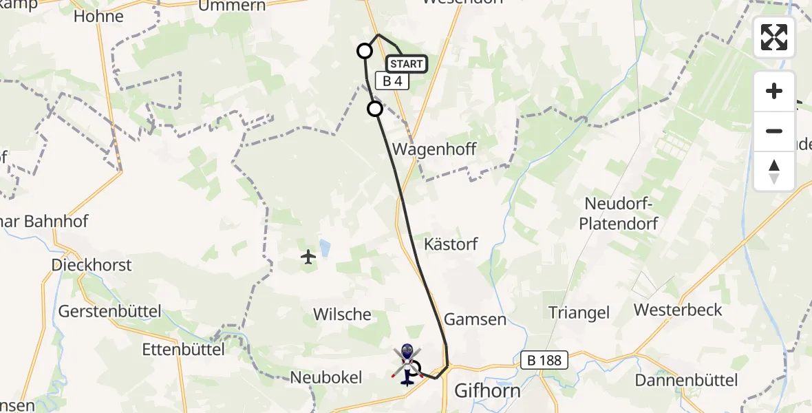 Flugroute Polizeihubschrauber Wesendorf - Gifhorn Bundespolizei Hubschrauberlandeplatz, 16 September 2026, 12:15