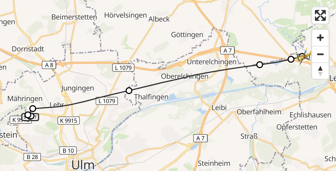 Flugroute Rettungshubschrauber Ulm Military Hospital Emergency - Leipheim, 16 September 2026, 12:22